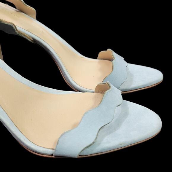 Loeffler Randall Reina Heel Blue Sandals Ankle Strap Leather Wavy Scalloped 8.5 - Picture 10 of 15